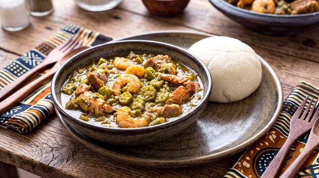 Authentic Ivorian Sauce Gombo Okra Stew with Seafood Served with Placali on a Wooden Table