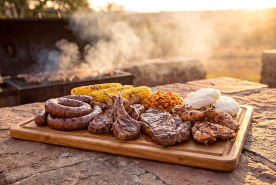 Traditional South African Braai Platter with Grilled Meats, Pap, and Chakalaka at Sunset