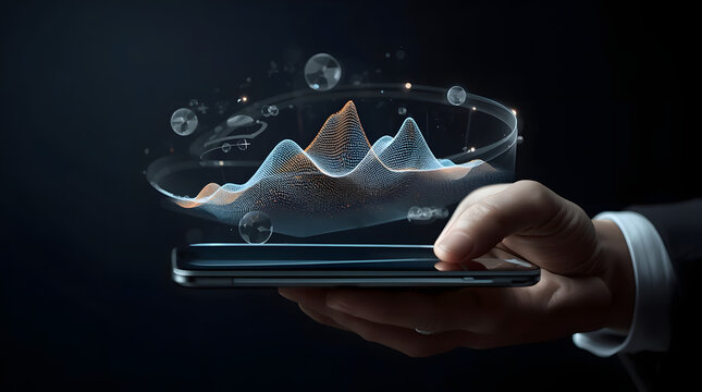 Businessman holding a smartphone with futuristic holographic data analysis chart and glowing graphs