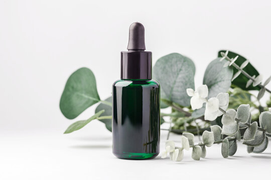 Dark green essential oil dropper bottle with eucalyptus branches and green leaves on white background