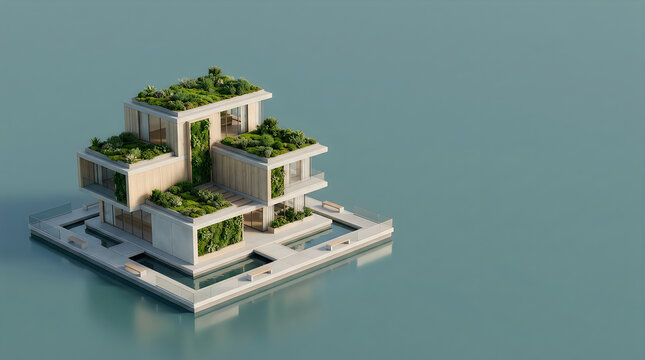 Modern ecofriendly modular house with green roof and vertical gardens on water