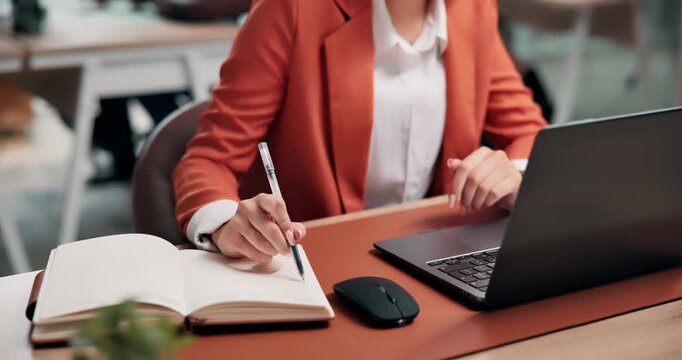 Woman, hands and writing with book in office for business schedule, agenda or reminder. Female person, employee or taking notes with diary or laptop for company tasks, planning or list in workplace