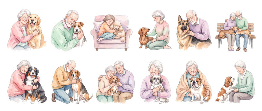 Senior people hugging dogs watercolor illustration set, elderly men women cuddling pet canine breeds, happy grandparents loving animals clipart isolated on black background for pet care design