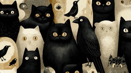 Naklejka premium Black Cats and Ravens Illustration with Unique Eye Designs and Patterns