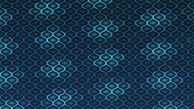 Glowing Cyan Overlapping Circle Mesh on Dark Blue &ndash; Sci-Fi Chainmail Scale Pattern & Digital Armor Texture Background Loop