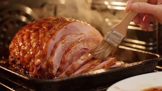 Hand basting a delicious, steaming glazed ham in a warm oven.