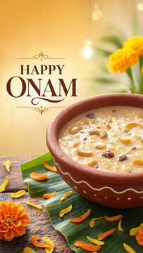 Happy onam greeting with creamy payasam in clay bowl on banana leaf, marigold petals, traditional kerala harvest festival dessert, warm golden backdrop, rustic festive food poster layout