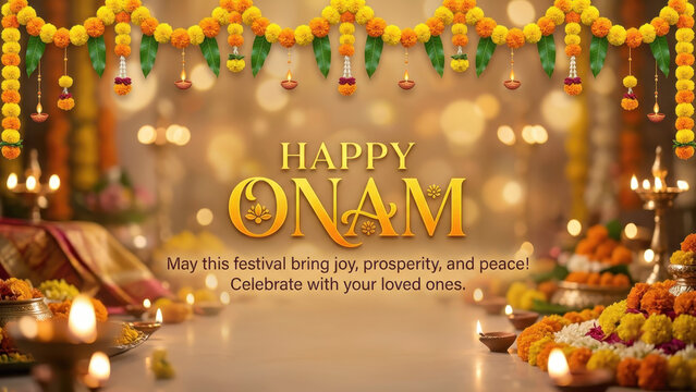 Happy onam greeting with marigold garlands, mango leaves, glowing diyas, pookalam floral carpet, sadya feast decor, kerala harvest festival, golden bokeh, prosperity, family celebration