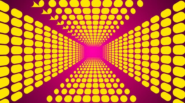 Abstract digital tunnel of yellow dots moving forward with purple background animation.