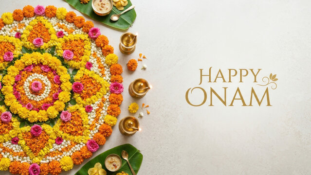 Colorful Onam pookalam with oil lamps and festive food on banana leaves, Happy Onam greeting banner with wide copy space on a light background