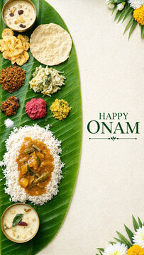 Traditional onam sadya feast on banana leaf, kerala vegetarian meal with rice curry papadam payasam chutney pickle thoran, floral harvest festival greeting layout, indian festive cuisine