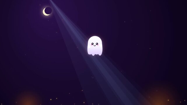Cute ghost floating in dark night sky with shining stars and crescent moon background clip.
