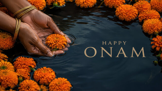 Happy Onam greeting background with hands holding marigold flowers in water, traditional harvest festival celebration with floral decoration and festive atmosphere