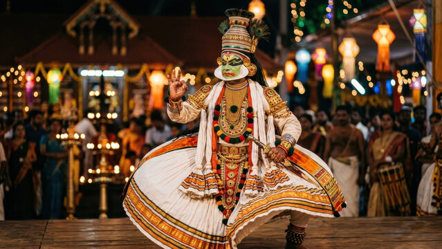 Kathakali dancer in ornate costume during onam harvest festival, kerala culture celebration, temple lights, traditional face makeup, pookalam floral carpet, vallam kali, pulikali dance, onam
