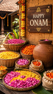 Traditional onam floral pookalam display with marigold petals, lotus blooms in woven baskets, clay pot, rustic courtyard, kerala harvest festival decor, wooden welcome sign, village entrance