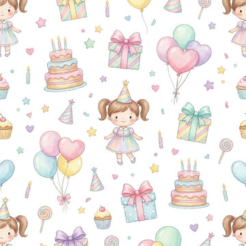 cute pastel baby girl birthday seamless pattern