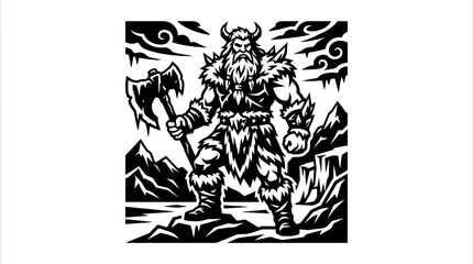 Fototapeta premium Viking Warrior with Axe, Horned Helmet, Fur Armor, Isolated