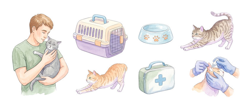 Cat veterinary care set watercolor pet owner animal medical treatment clip art featuring carrier bowl first aid kit and cat stretching or receiving ear drops for health wellness illustrations