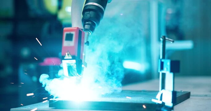 Welding, sparks or closeup of engineering, automation or industrial robotics in metal workshop. Factory, technology or machinery as manufacturing, cnc or production as process of prototype assembly