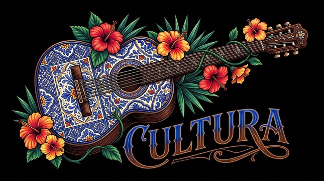 Detailed vector illustration of a decorated acoustic guitar with blue patterns, surrounded by tropical hibiscus flowers and the word Cultura, perfect for Hispanic Heritage print on demand design