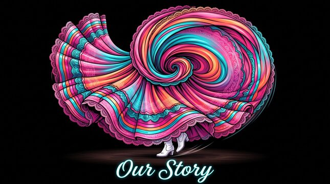 Our Story vibrant vector illustration of a swirling Mexican folklorico dress in motion, showcasing colorful fabric and traditional dance culture for Hispanic heritage print on demand apparel.