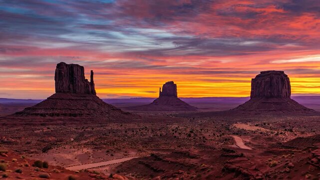 Monument valley sunset aerial view with mesas buttes and winding desert road cinematic clip.