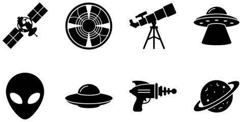 Space Exploration Icons: Satellite, Telescope, UFO, Alien, Planet, Ray Gun, Radar - Sci-Fi Vector Set © Zubaraj