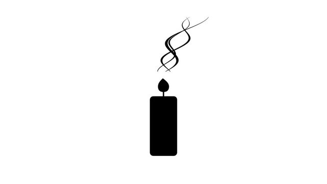 Black candle silhouette emitting rising smoke swirls against a plain white background in a minimalist 2D animation style.