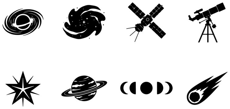 Space Icons Vector Set: Galaxies, Satellite, Telescope, Planet, Star, Moon Phases, Comet - Cosmic Exploration Graphics