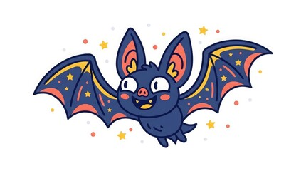 Fototapeta premium A cute cartoon bat with colorful wings flying in the air as a fun and whimsical character for your next festive halloween project