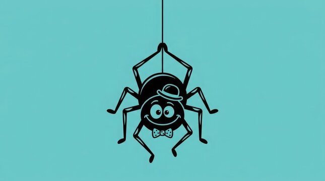 A cute cartoon spider hanging from a silk thread isolated on a light blue background perfect for a fun halloween party design