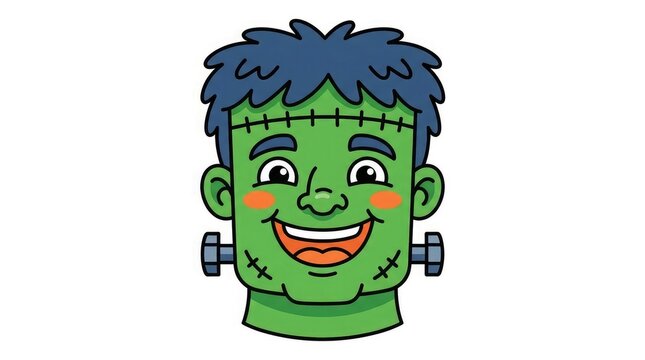 A friendly cartoon illustration of a green frankenstein monster face isolated on a white background for your creative halloween party decoration projects