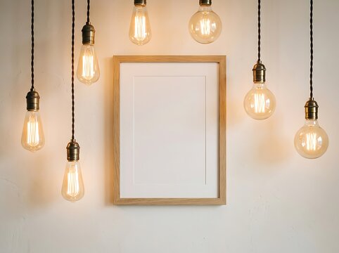 Empty picture frame with hanging light bulbs on wall