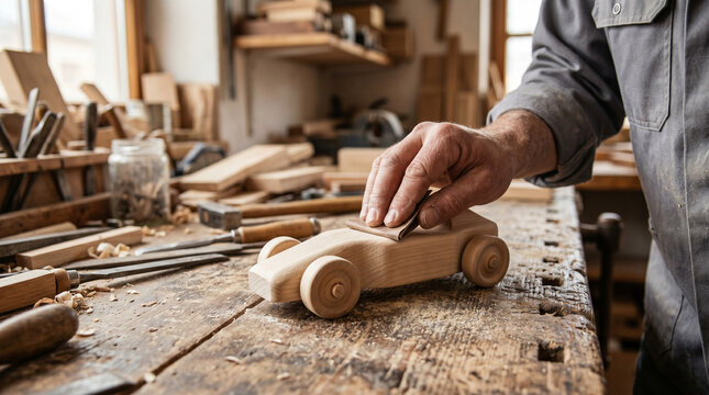 Craftsman sanding wooden toy car on workbench in workshop  
