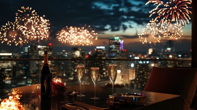 Champagne glasses on a rooftop terrace overlooking a city with fireworks