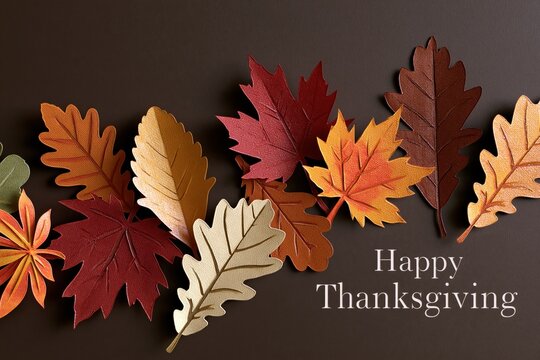 Modern Paper Cut Autumn Leaves Frame with Happy Thanksgiving Typography on Elegant Brown Background