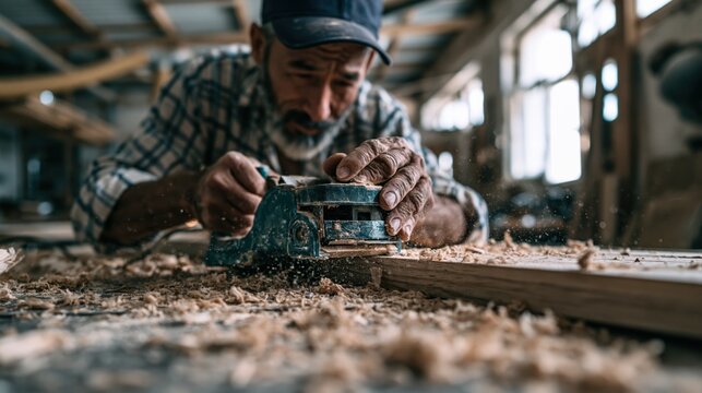 A detailed image of a craftsman using an electric planer on wood in a workshop, showcasing skill and the success of a small business, with warm natural lighting.