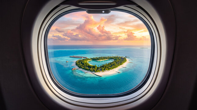 Aerial view of tropical island at sunset through airplane window, blue ocean, coral reefs, paradise island, exotic travel destination, scenic flight, summer vacation, tropical landscape from above