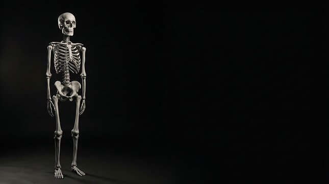 A realistic human skeleton standing in the dark creating a spooky halloween background with plenty of empty copy space