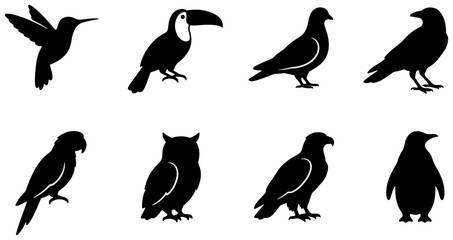 Obraz premium Diverse Bird Silhouettes Collection, Vector Icons for Nature and Wildlife Graphics, Minimalist Avian Shapes for Design Projects