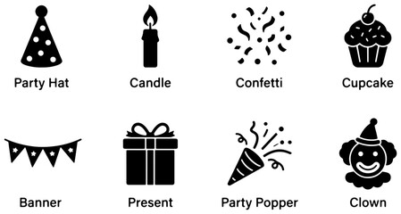 Naklejka premium Celebration Icons: Party Hat, Candle, Confetti, Cupcake, Banner, Present, Party Popper, Clown Vector Set for Festive Design