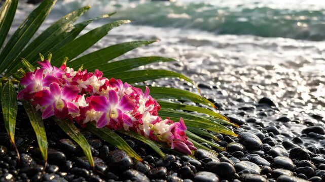 Vibrant pink orchid lei resting on black volcanic rocks by the sparkling ocean.