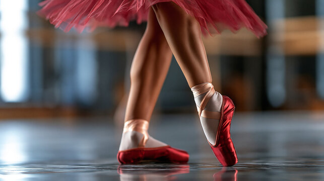 Graceful ballerina's legs and feet in red and white pointe shoes dancing on stage