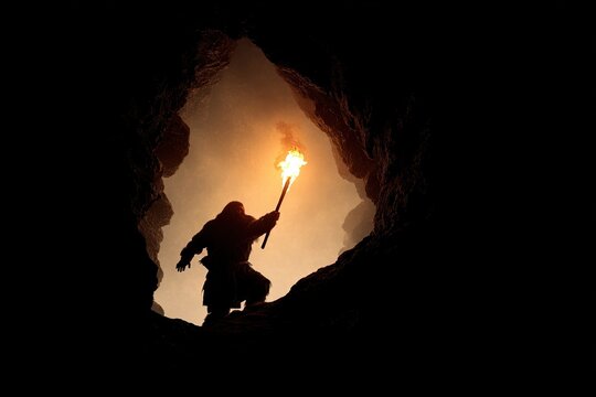 A lone explorer ventures into a dark cave, holding a flaming torch aloft, illuminating the mysterious depths of the unknown.