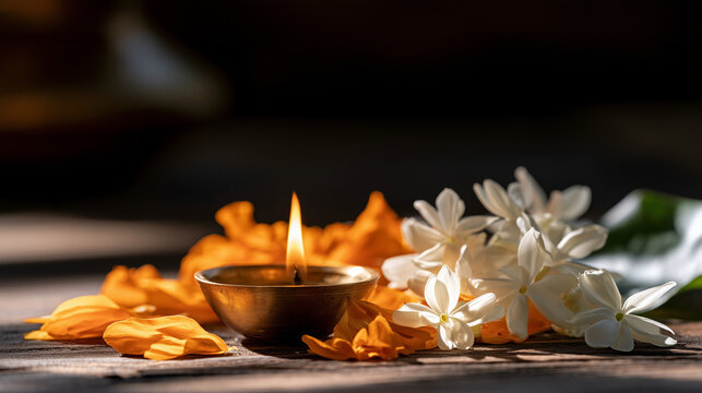 Peaceful Mahalaya Amavasya Devotional Scene Featuring Traditional Brass Diya and Floral Offerings