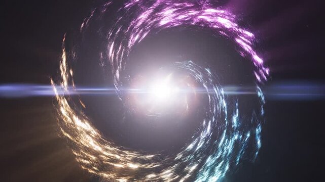 Circular light formation with vibrant rays emanating from the center, creating a colorful gradient effect against a dark background in a visually dynamic setting See Less
