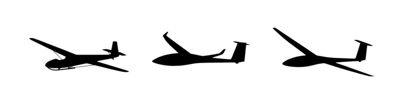 Glider Aircraft Silhouettes, Aviation Sport, Aerodynamic Flight, Three Gliders