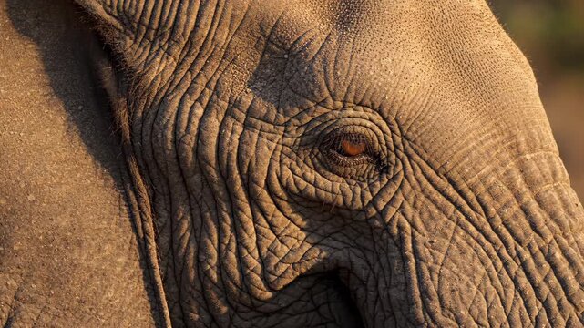 Close-up of an African elephant's eye and textured skin, showcasing its majestic detail.