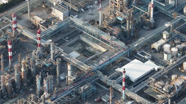 Aerial view of the industrial refinery complex with complex piping networks, tall distillation towers, and storage tanks in Bantzenheim, Grand Est, France.