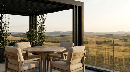 Fototapeta premium Sophisticated outdoor patio designed for ultimate relaxation, offering stunning panoramic vistas of picturesque countryside and a tranquil natural environment, perfect for peaceful leisure